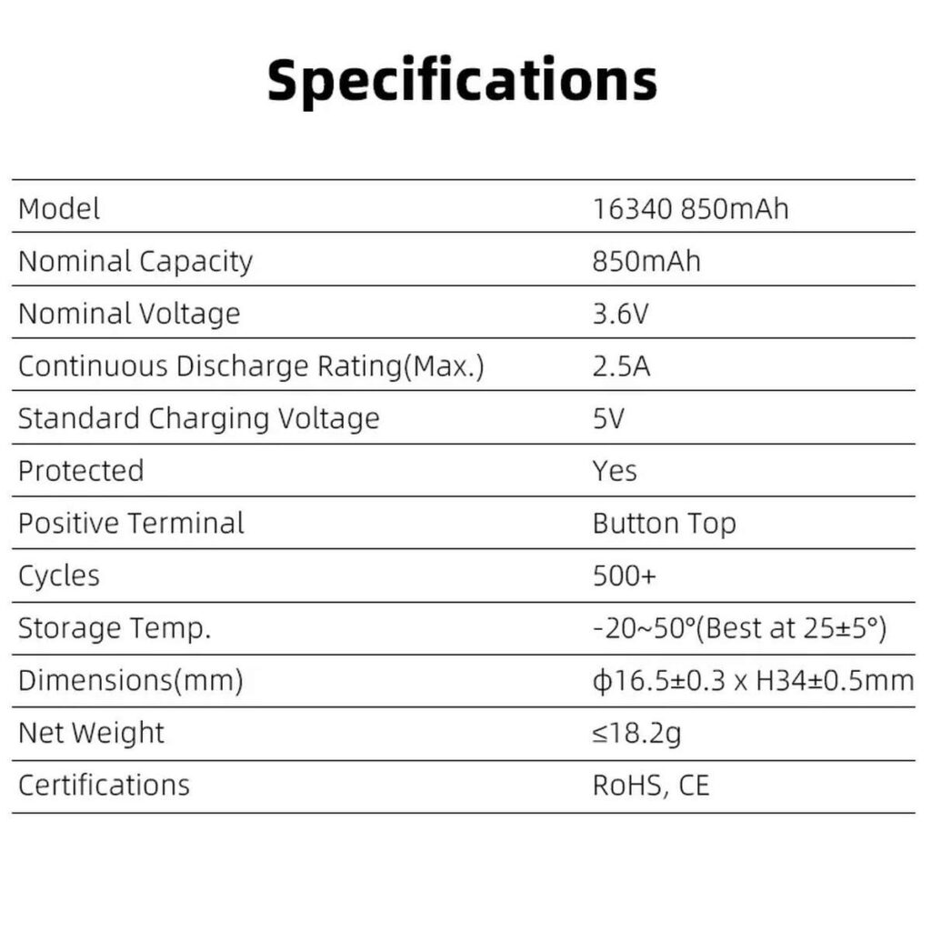 Xtar acumulator 16340 de 850 mAh, 800 de cicluri