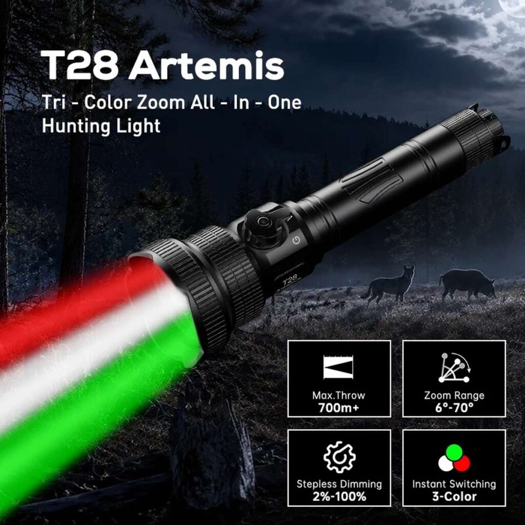 Brinyte T28 Tri-Color lanterna cu focalizare cu lumina alba, verde, rosie