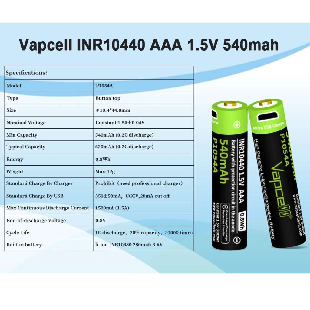 Vapcell P1054A acumulator 1.5V Li-Ion tip AAA de 540 mAh micro-USB