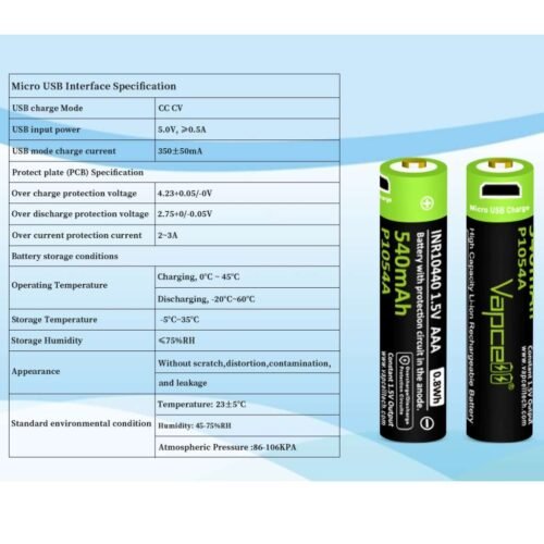 Vapcell P1054A acumulator 1.5V Li-Ion tip AAA de 540 mAh micro-USB