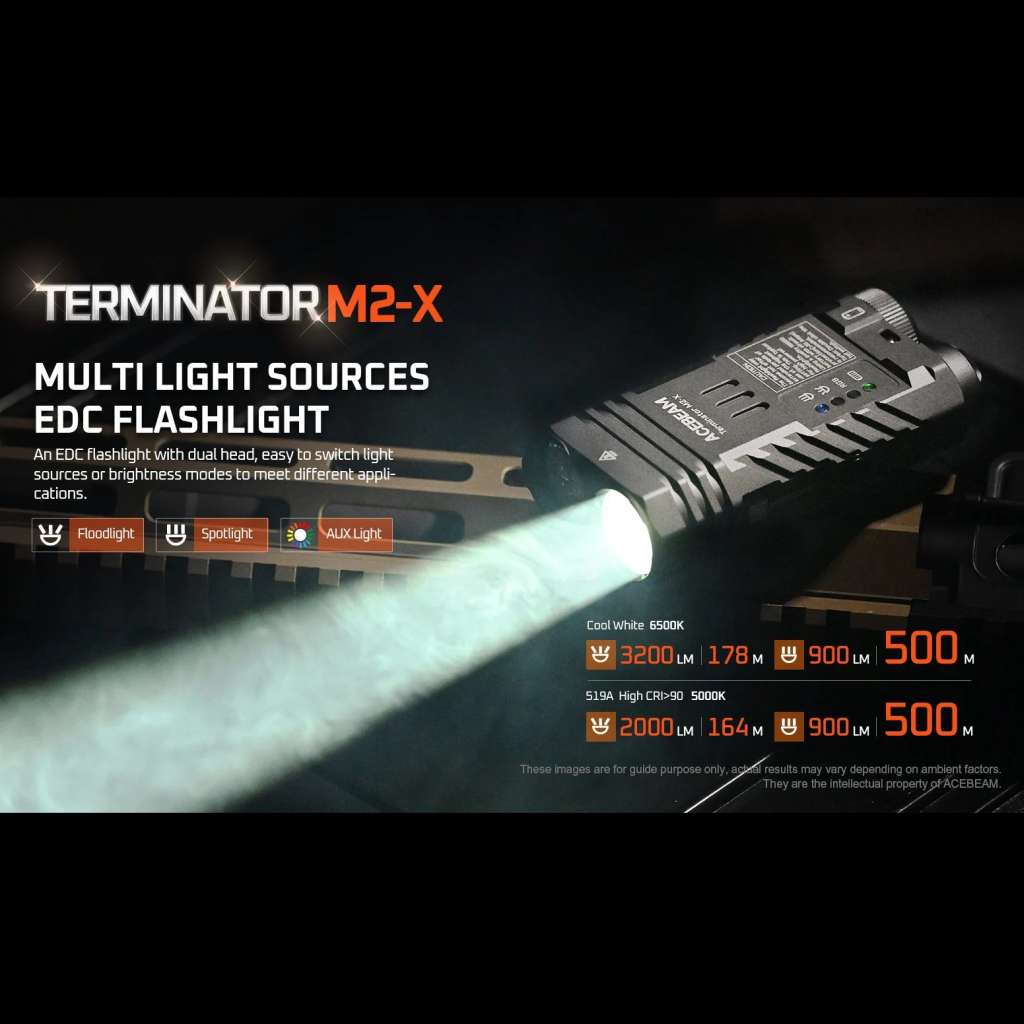 Acebeam Terminator M2-X lanterna laser LEP si LED auxiliar RGB