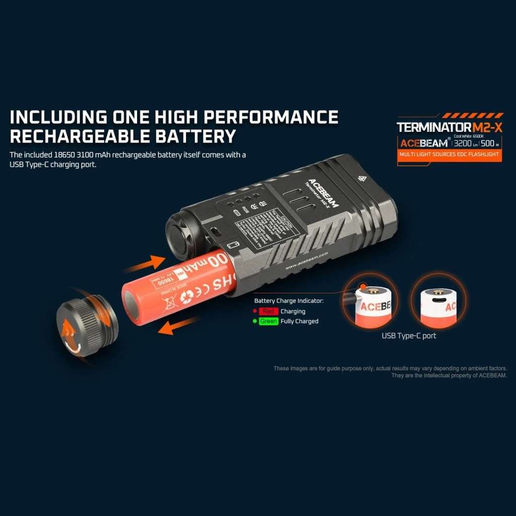 Acebeam Terminator M2-X lanterna laser LEP si LED auxiliar RGB