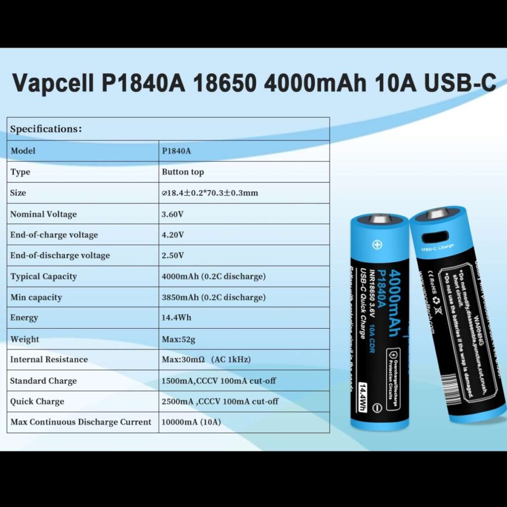 Vapcell P1840A acumulator 18650 de 4000 mAh cu port USB