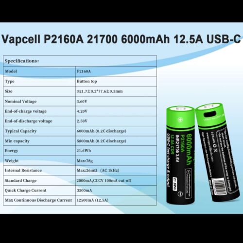 Vapcell P2160A acumulator 21700 de 6000 mAh cu port USB-C