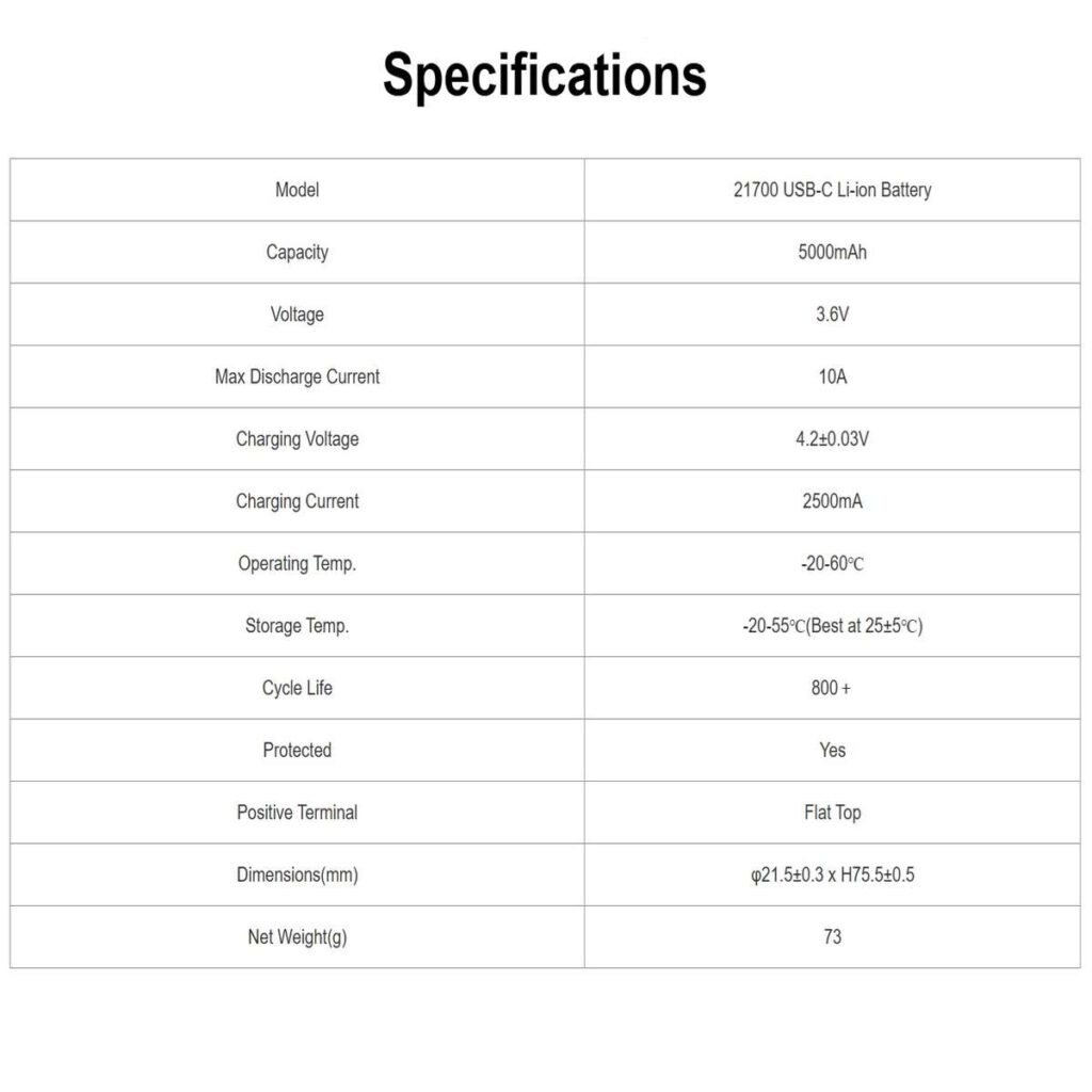 Xtar acumulator 21700 USB-C de 5000 mAh, 800 de cicluri