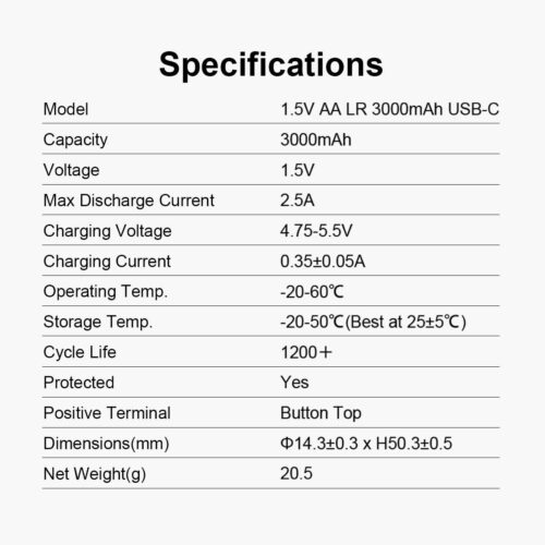 Xtar AA 3000 mAh set acumulatori AA 1.5V cu incarcare USB-C