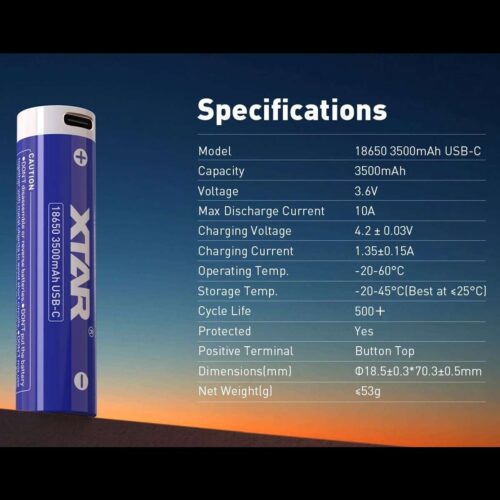 Xtar acumulator 18650 USB-C de 3500 mAh, 500 de cicluri